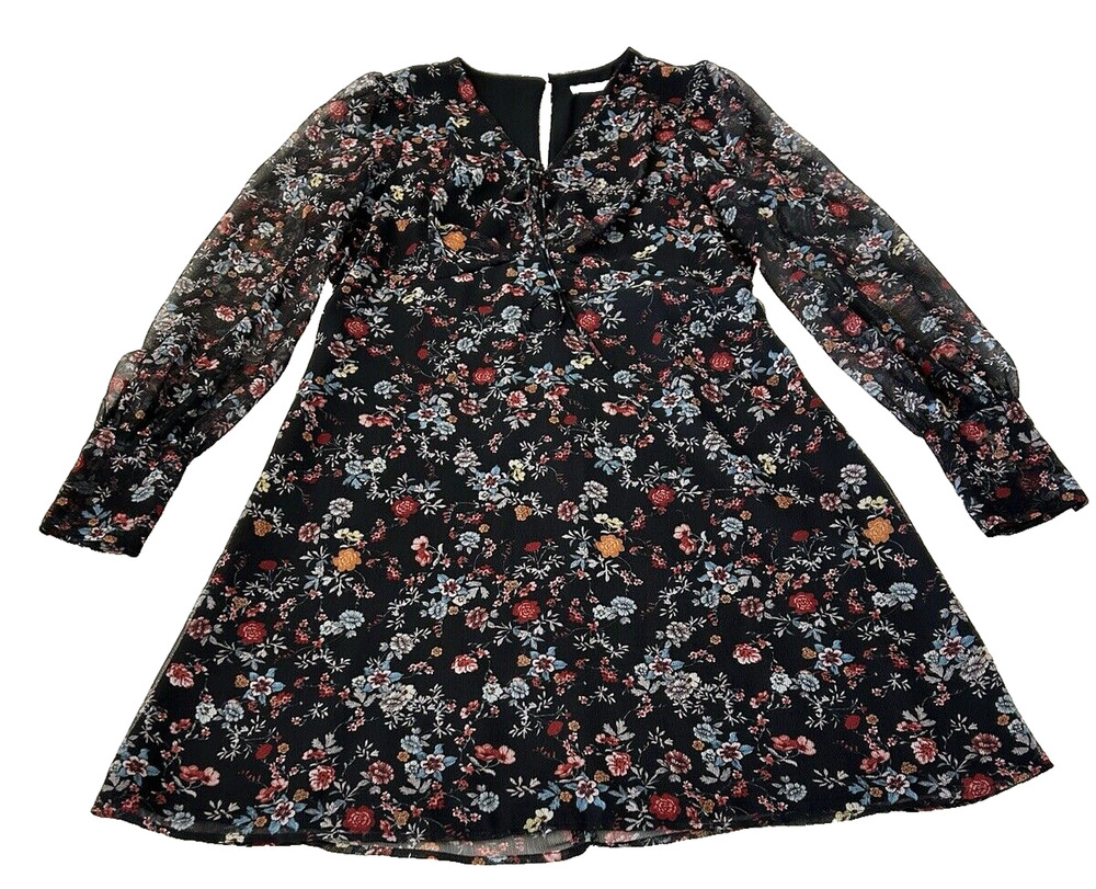 Mango Suit Dress Women’s Knee Length Sz 8 Black Floral Long Sleeve Lined